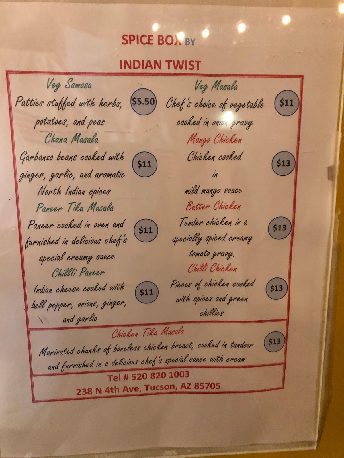 Menu at Spice Box restaurant, Tucson