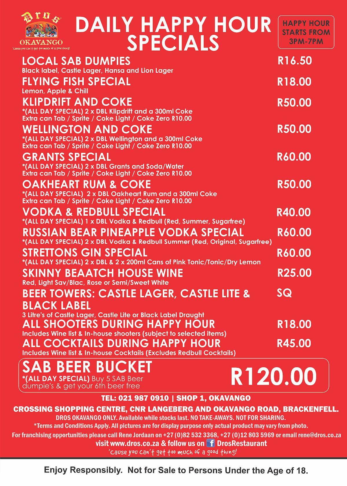 Menu at Dros Okavango restaurant, Cape Town, Okavango Crossing Shopping ...