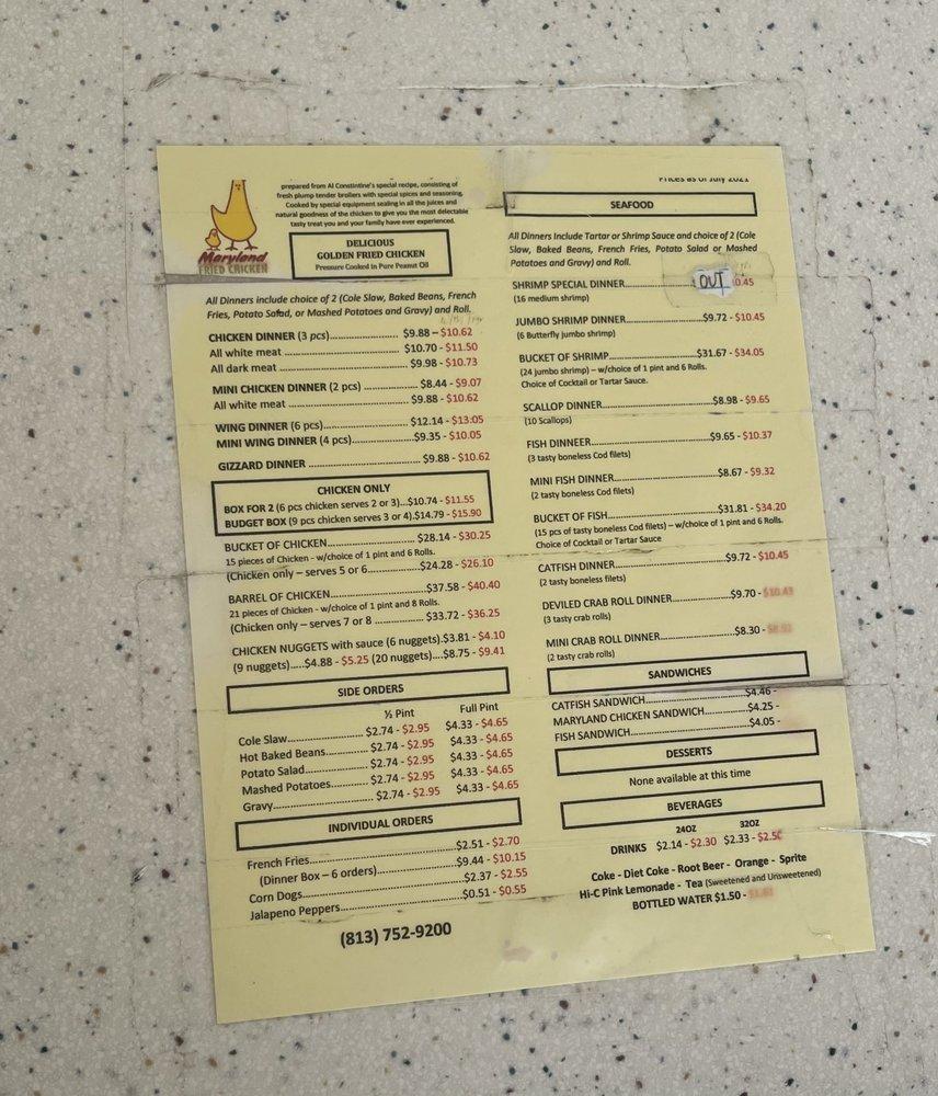 Menu at Maryland Fried Chicken restaurant, Plant City