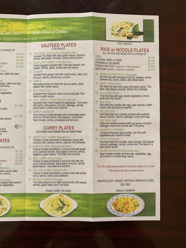 Menu at Thai Basil restaurant, Chico, 121 Broadway St