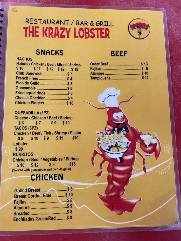 Menu at The Krazy Lobster restaurant, Mahahual, C. Huauchinango 28