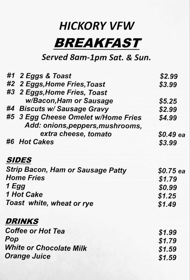 Menu at Hickory VFW and Normandy Banquet Center restaurant, Hermitage