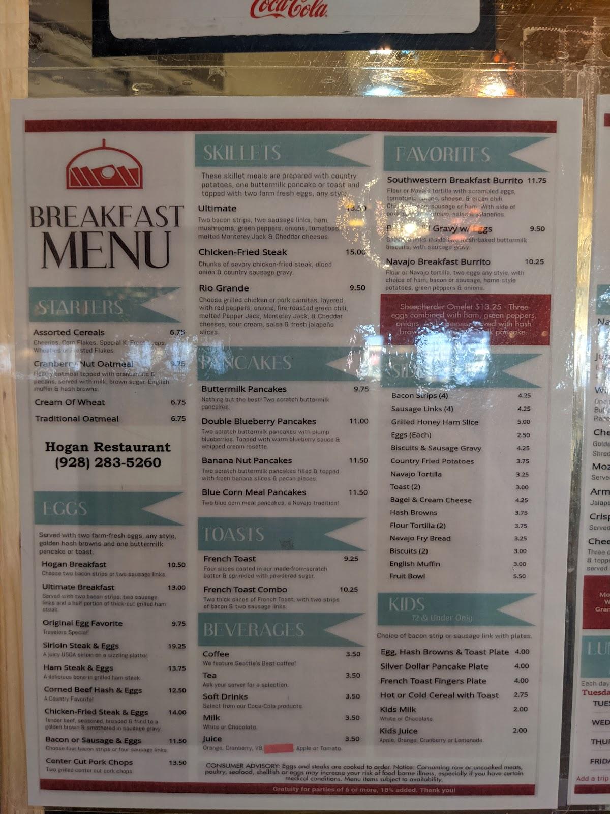Menu at Hogan Restaurant, Tuba City