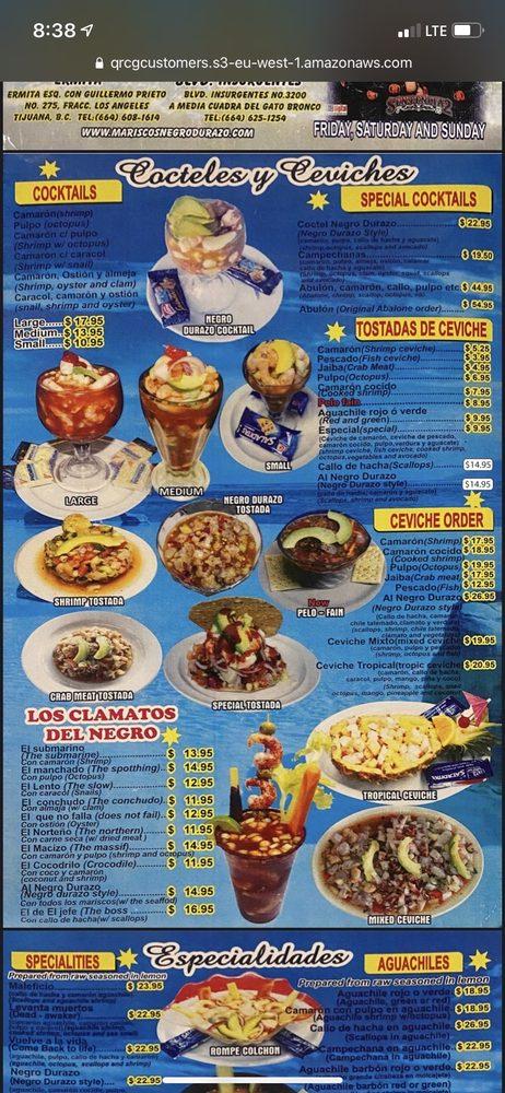 Menu at Mariscos Negro Durazo restaurant, Chula Vista