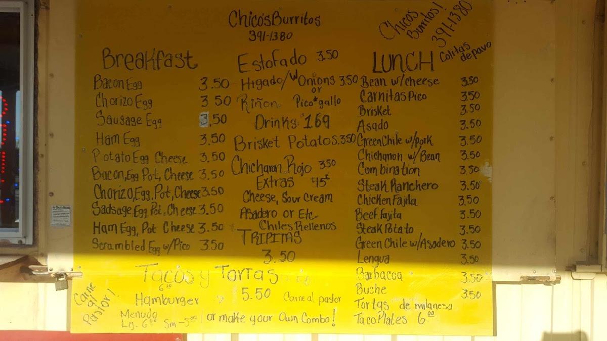 Menu at Chico's Burritos restaurant, Hobbs, 604 W Dunnam St