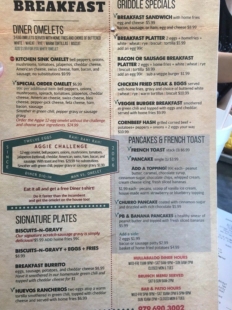 Menu at Hullabaloo Diner restaurant, College Station, Farm to Market Rd ...