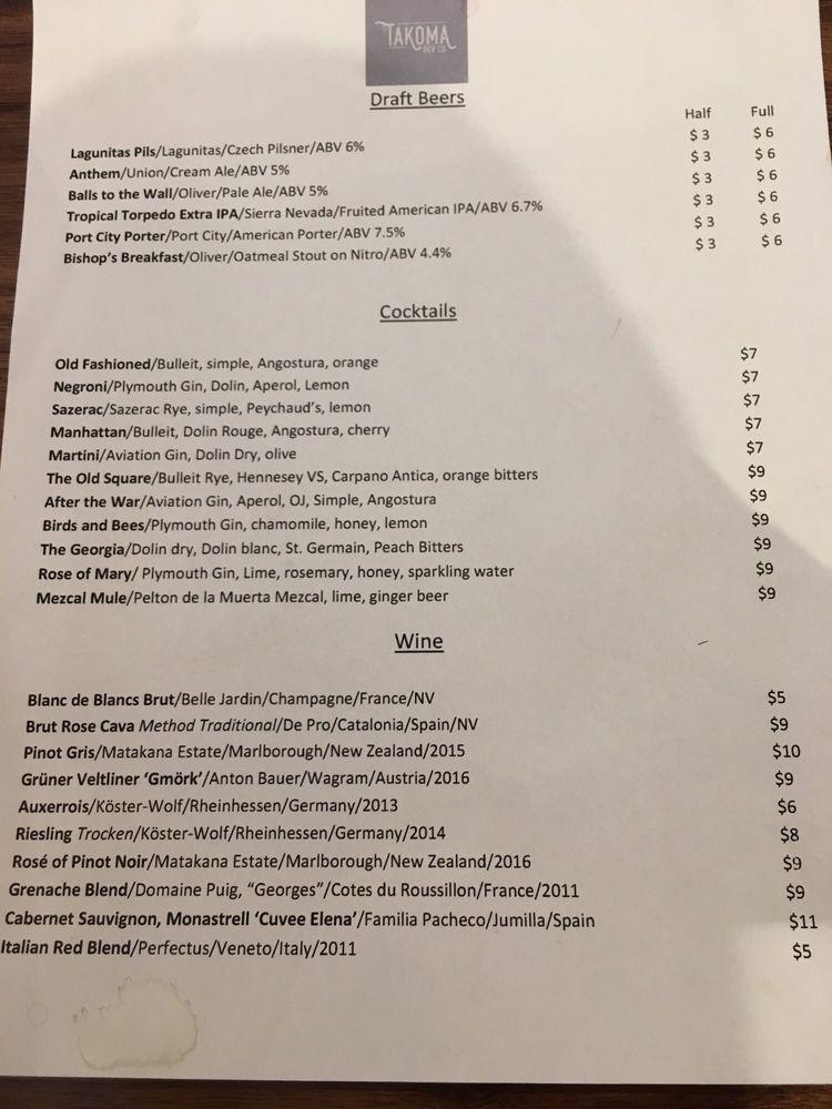 Menu at Takoma Beverage Company pub & bar, Takoma Park