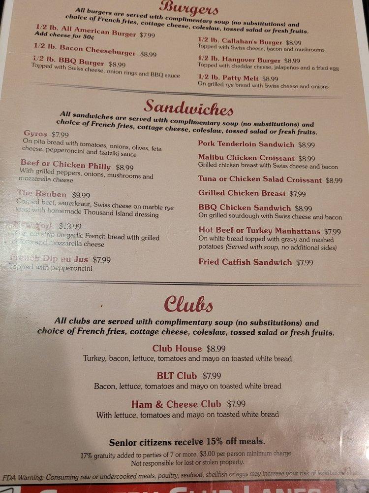 Menu at Callahan's Restaurant, Elkhart