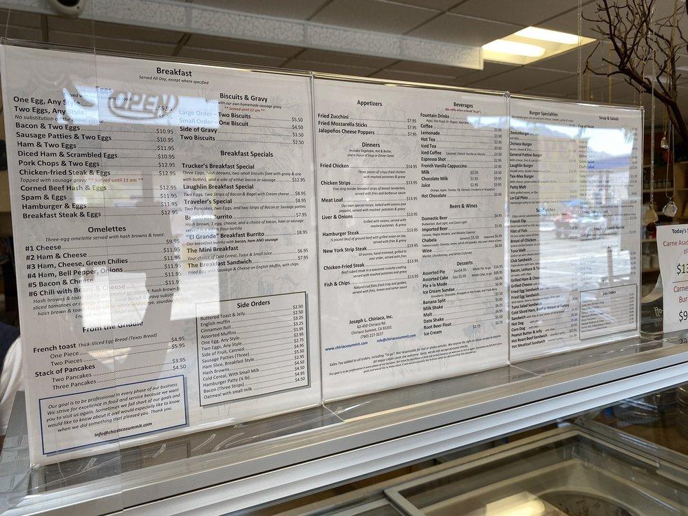 Menu at Chiriaco Summit Restaurant, Chiriaco Summit