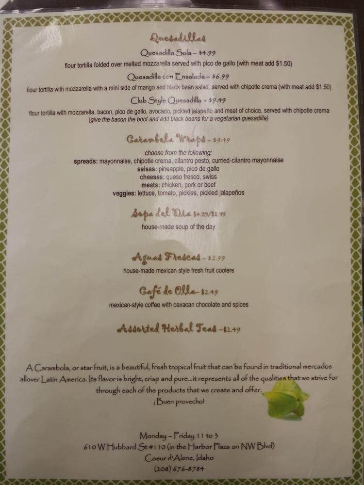 Menu at Café Carambola restaurant, Coeur d'Alene
