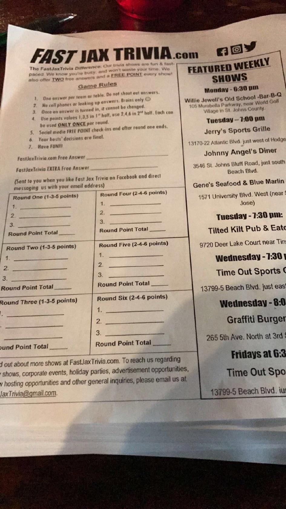 Menu at Jerry's Grille pub & bar, Jacksonville