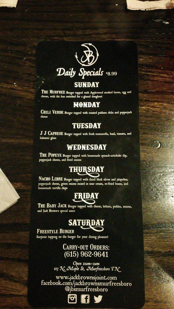 Menu at Jack Brown's Beer & Burger Joint Murfreesboro pub & bar