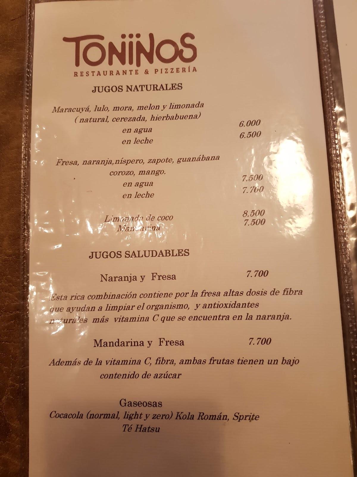 Menu at Toninos Pizza restaurant, Cartagena, 236