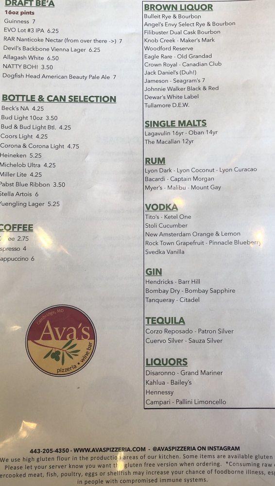 Menu at Ava's Pizzeria & Wine Bar - Cambridge, Cambridge