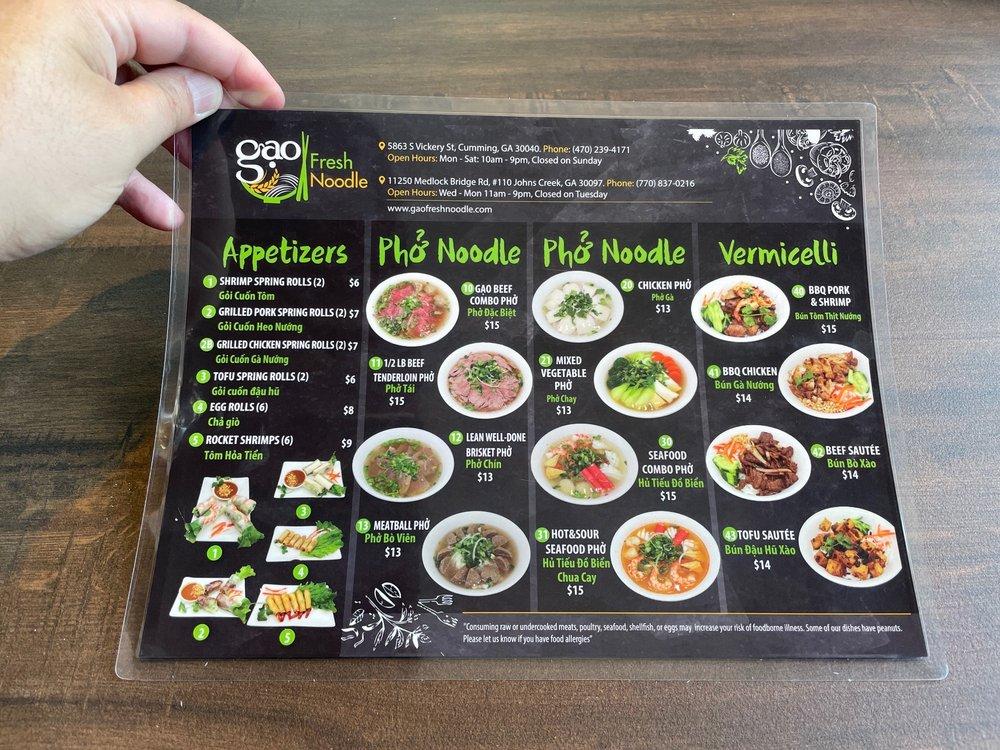 Menu at Gao Fresh Noodle restaurant, Johns Creek