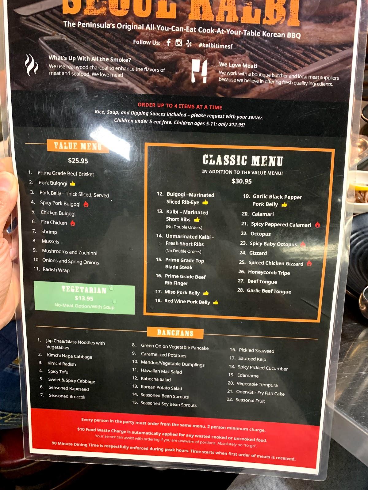 Menu at SK Seoul Kalbi Korean BBQ, San Bruno