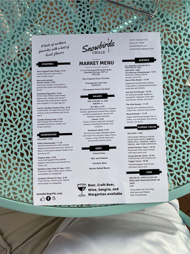 Menu at Snowbirds Grille restaurant, Venice