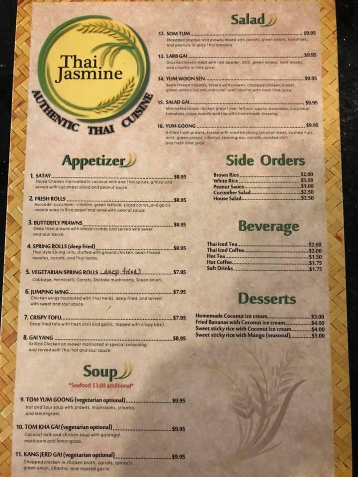 Menu at Thai Jasmine restaurant, Tracy