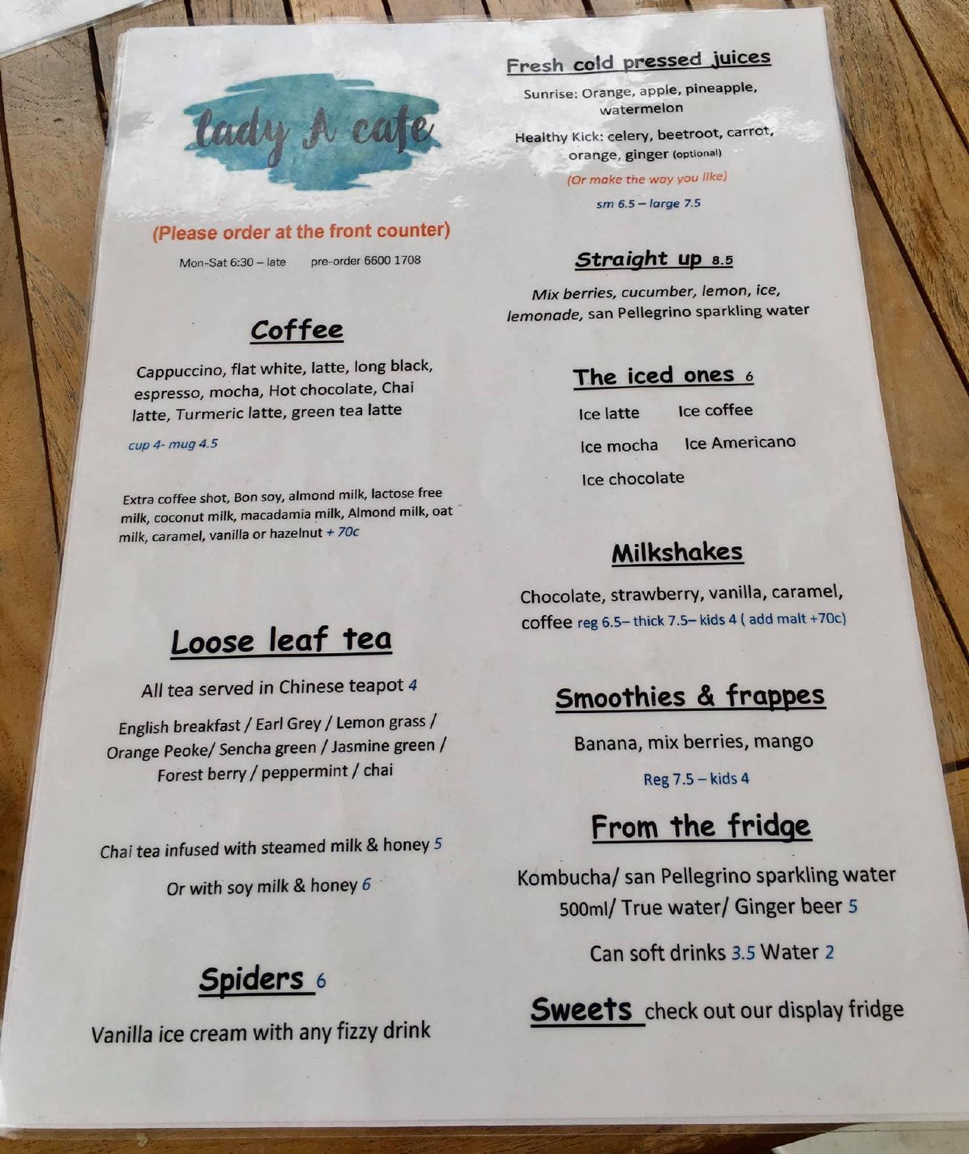 Menu at Cady A Cafe, Coffs Harbour