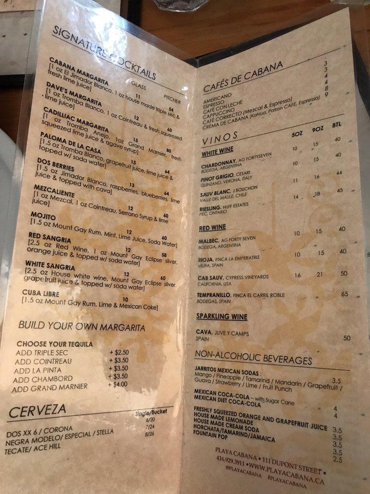 Menu at Playa Cabana pub & bar, Toronto, 111 Dupont St