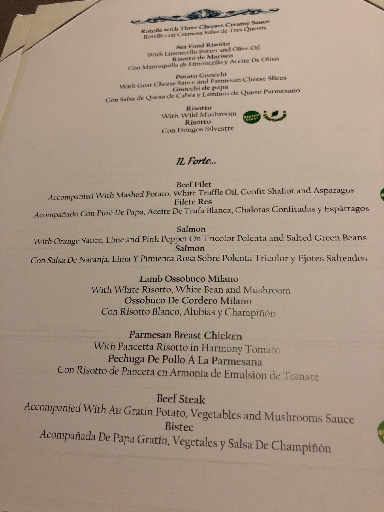 Carta del restaurante Portofino, San José del Cabo, Secrets Puerto Los