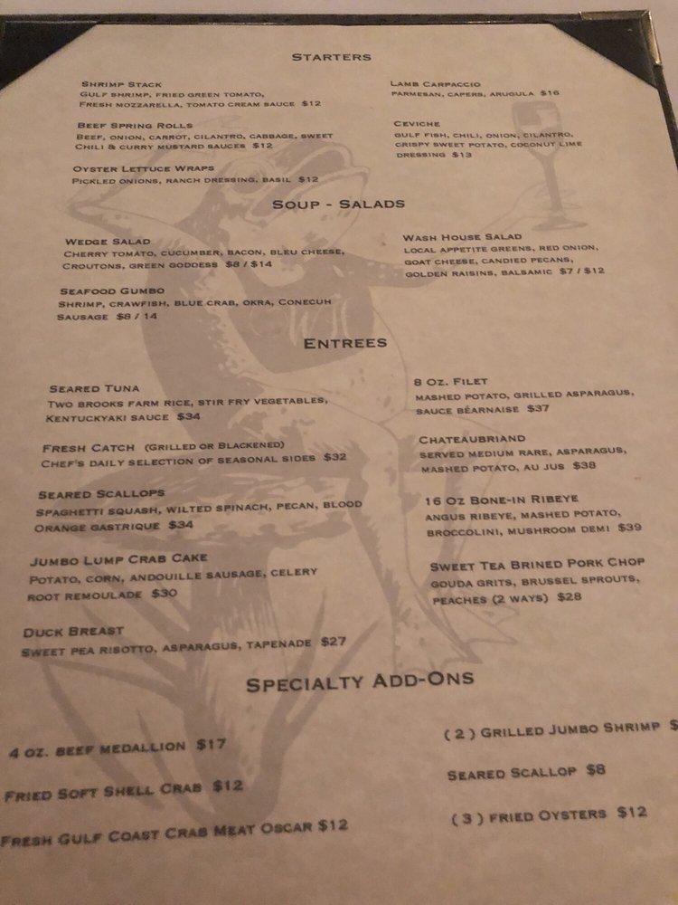 Menu at Wash House Restaurant, Point Clear
