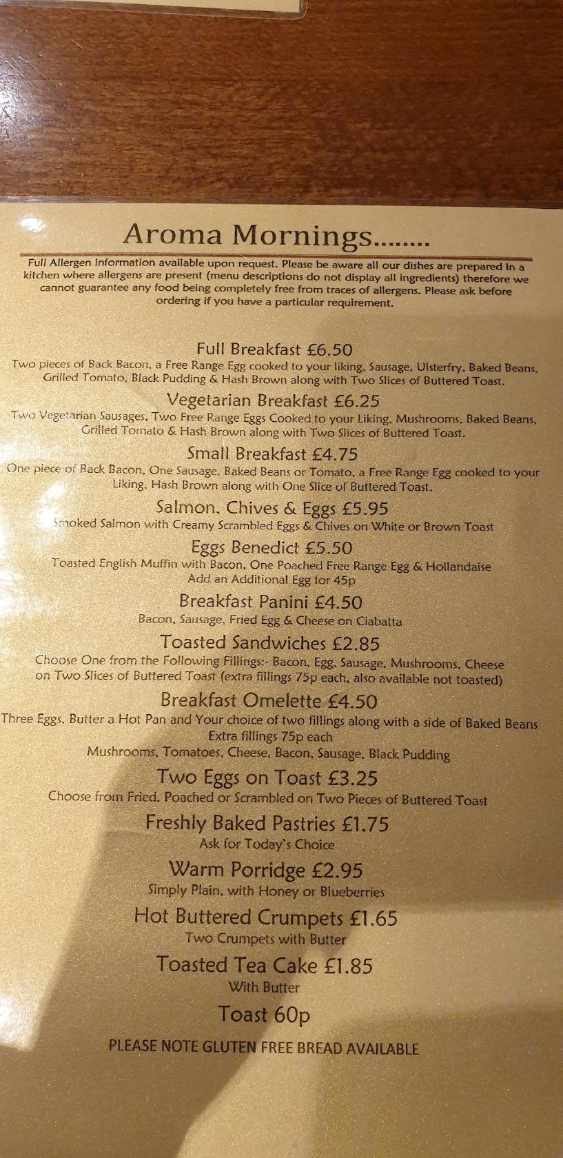 Menu at Aroma Cafe, Birkenhead