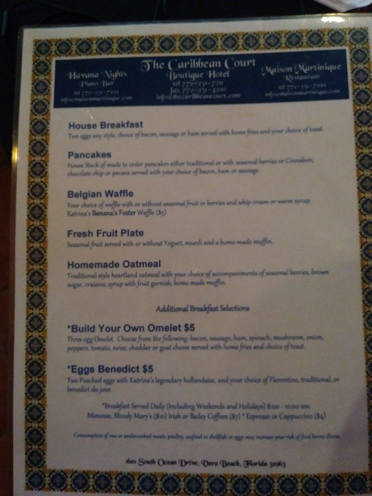 Menu at Maison Martinique Fine Dining restaurant, Vero Beach
