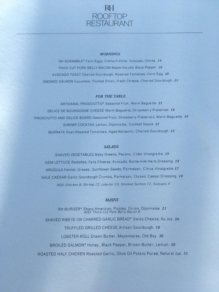 Menu at RH Rooftop Restaurant Minneapolis, Edina