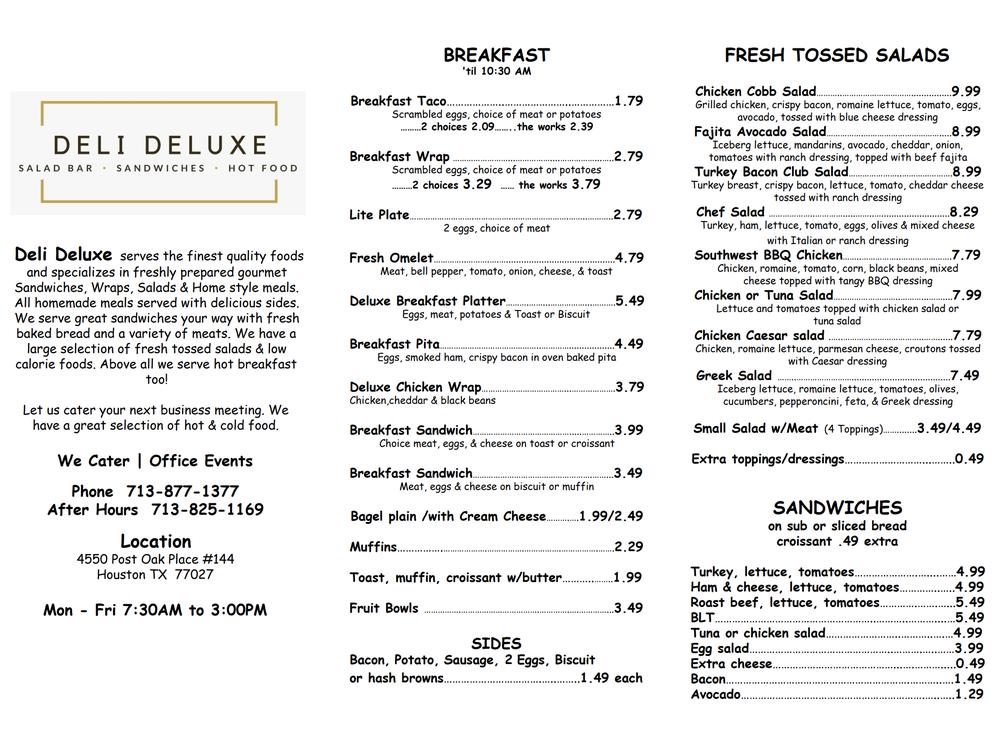 Menu at Deli Deluxe, Houston, Post Oak Pl Dr UNIT 144