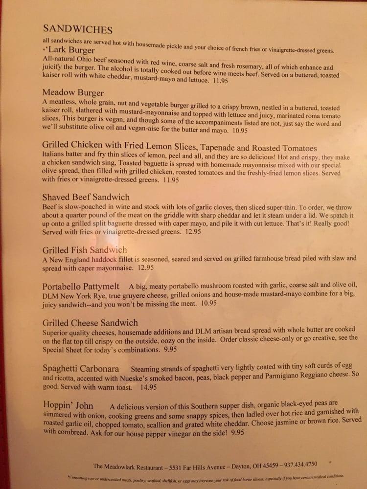 Menu at Meadowlark Restaurant, Dayton
