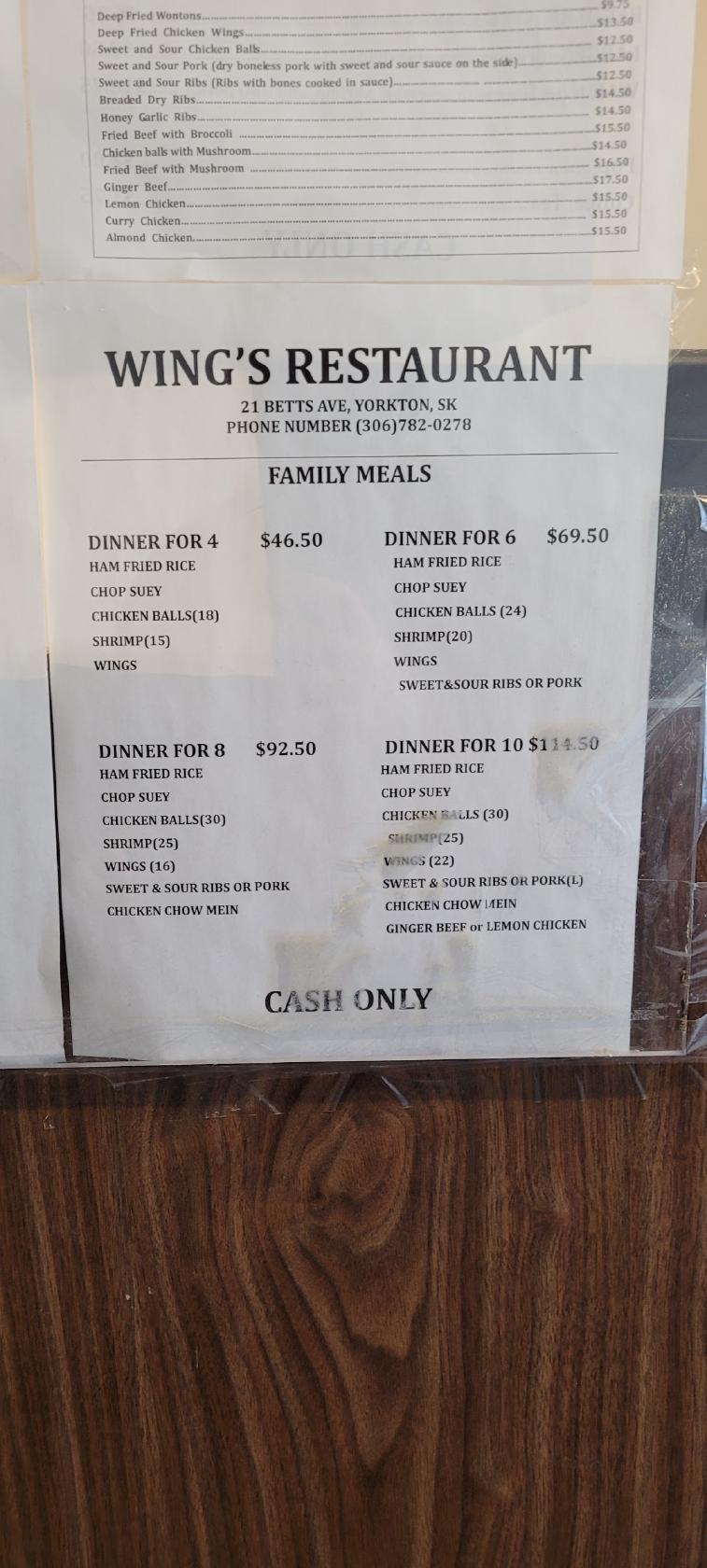Menu at Wing's Restaurant, Yorkton