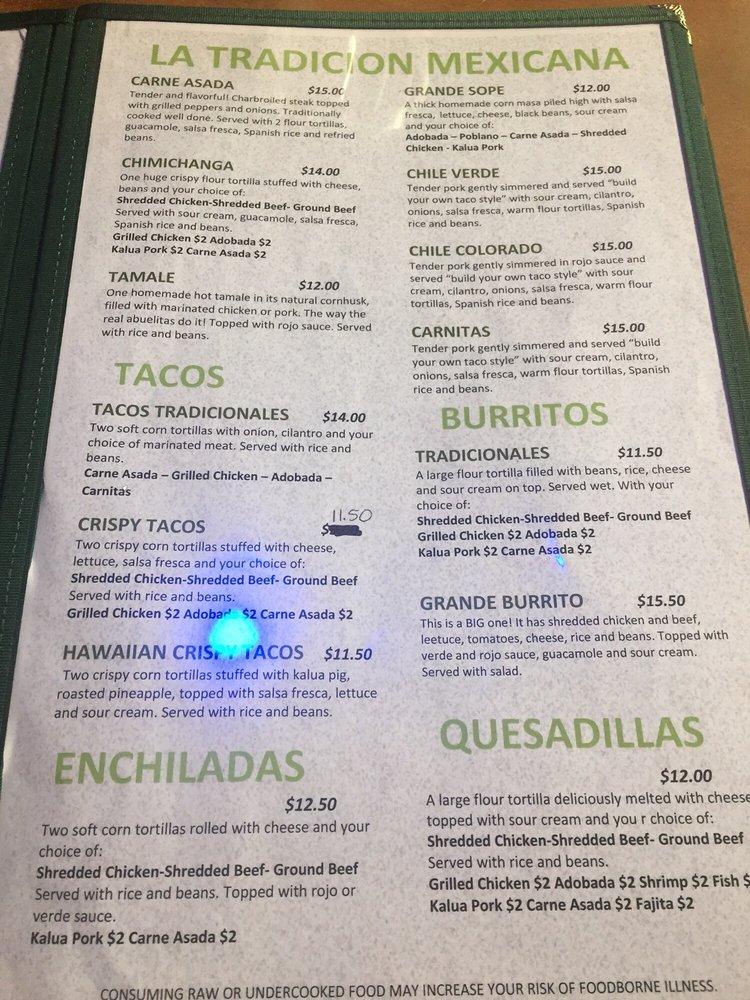 Menu at Chile Relleno restaurant, Kaneohe