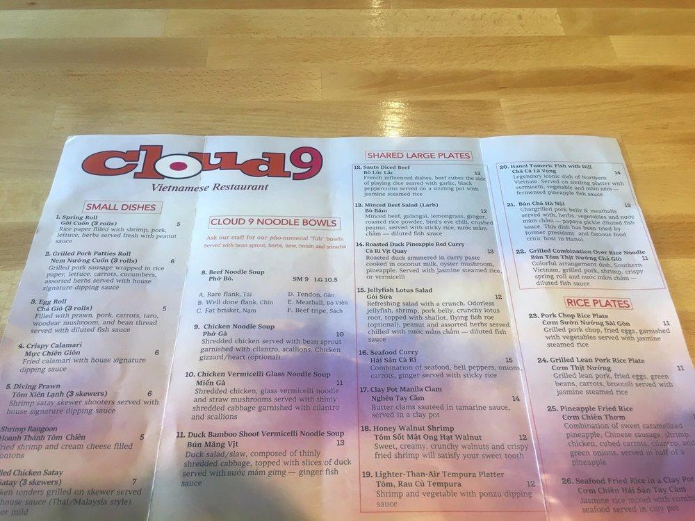 Menu at Cloud 9 Pho & Teatime pub & bar, Vancouver