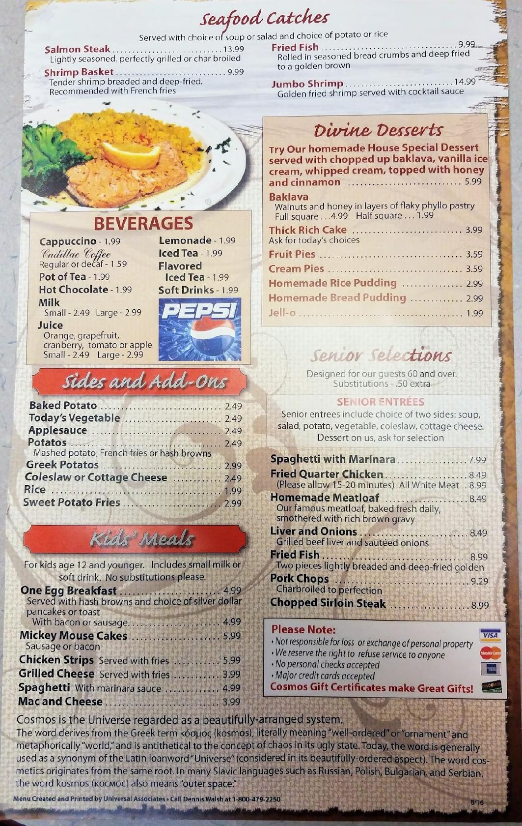Menu at Cosmos Restaurant, Defiance