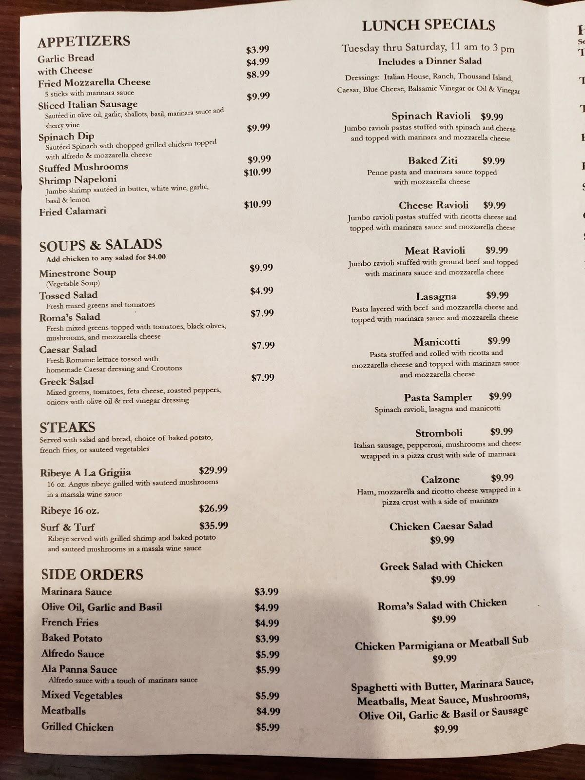 Menu at Roma Italian Resturant restaurant, Ada