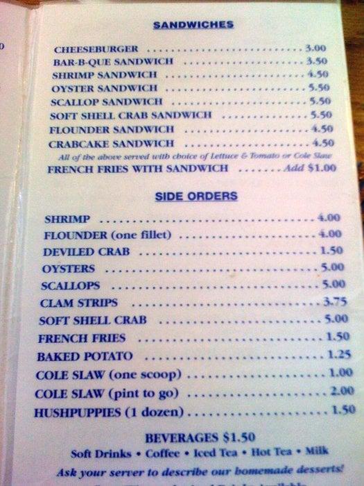 Menu at Ella's of Calabash restaurant, Calabash