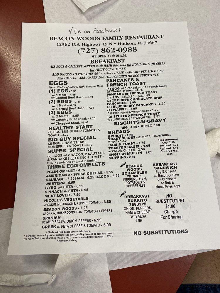 Menu at Beacon Wood's Family Restaurant, Hudson