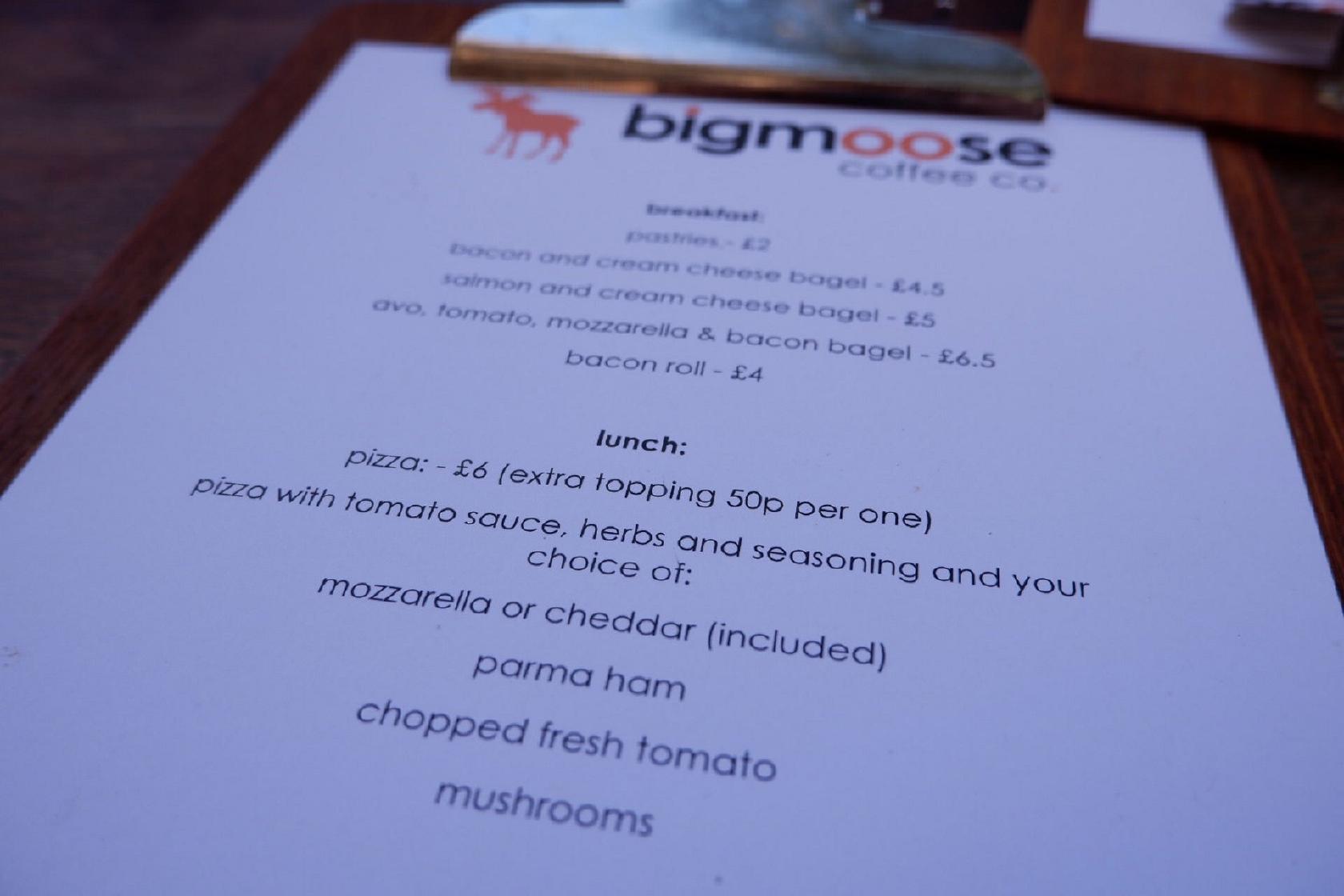 Carta del café bigmoose coffee co., Cardiff