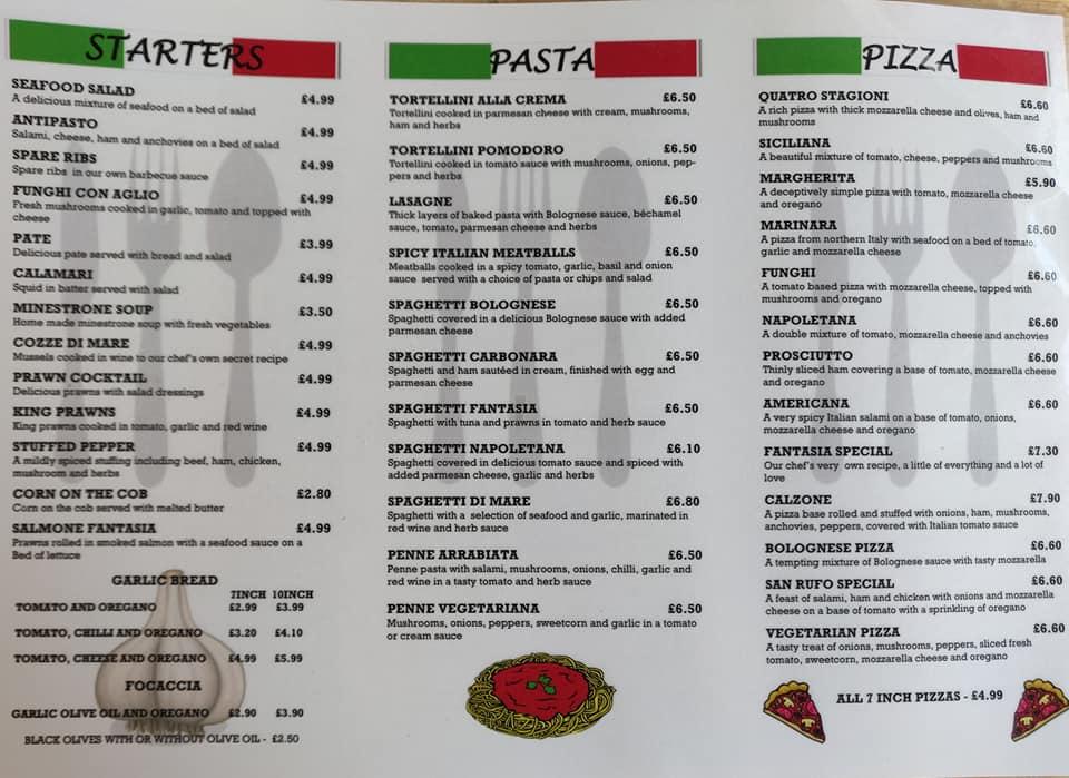 Menu at Fantasia restaurant, Mablethorpe