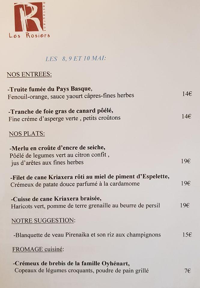 Menu au Les Rosiers restaurant, Biarritz