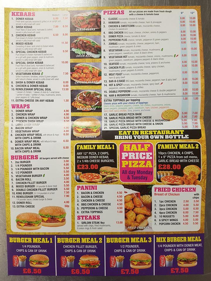 Menu at Zorbas kebab and pizza rendlesham pizzeria, Rendlesham