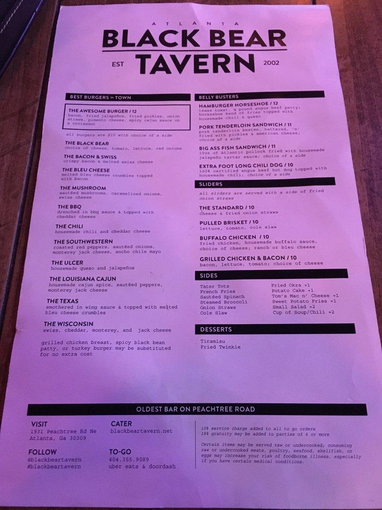 Menu at Black Bear Tavern pub & bar, Atlanta