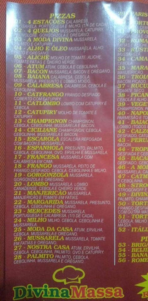Divina Massa Pompéia SP cardápio