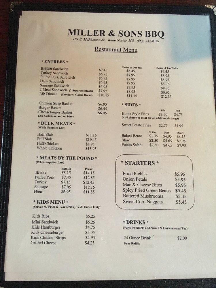 Menu at Miller & Sons BBQ, Knob Noster