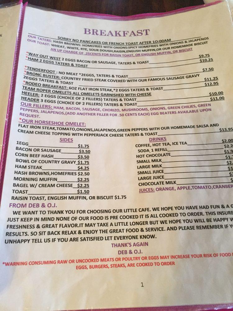 Menu at Horseshoe Cafe, Wickenburg
