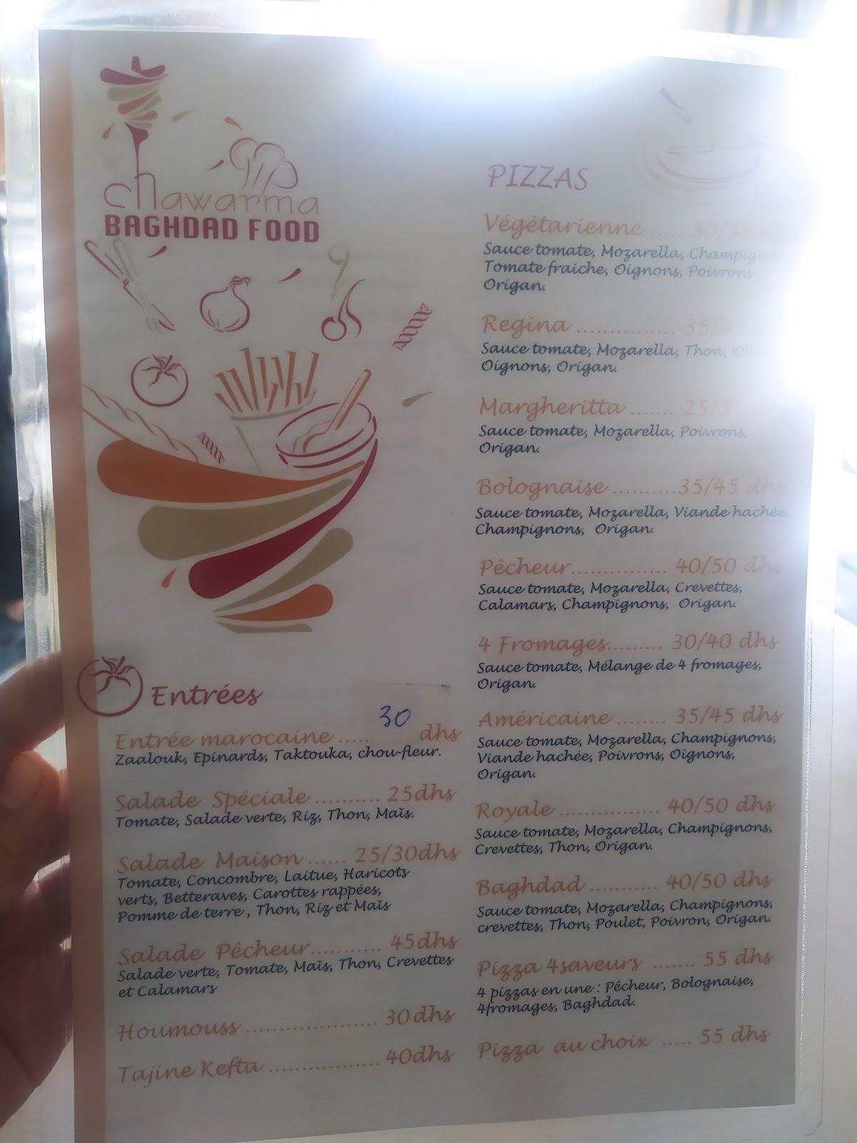 Menu au Baghdad Food restaurant, Casablanca
