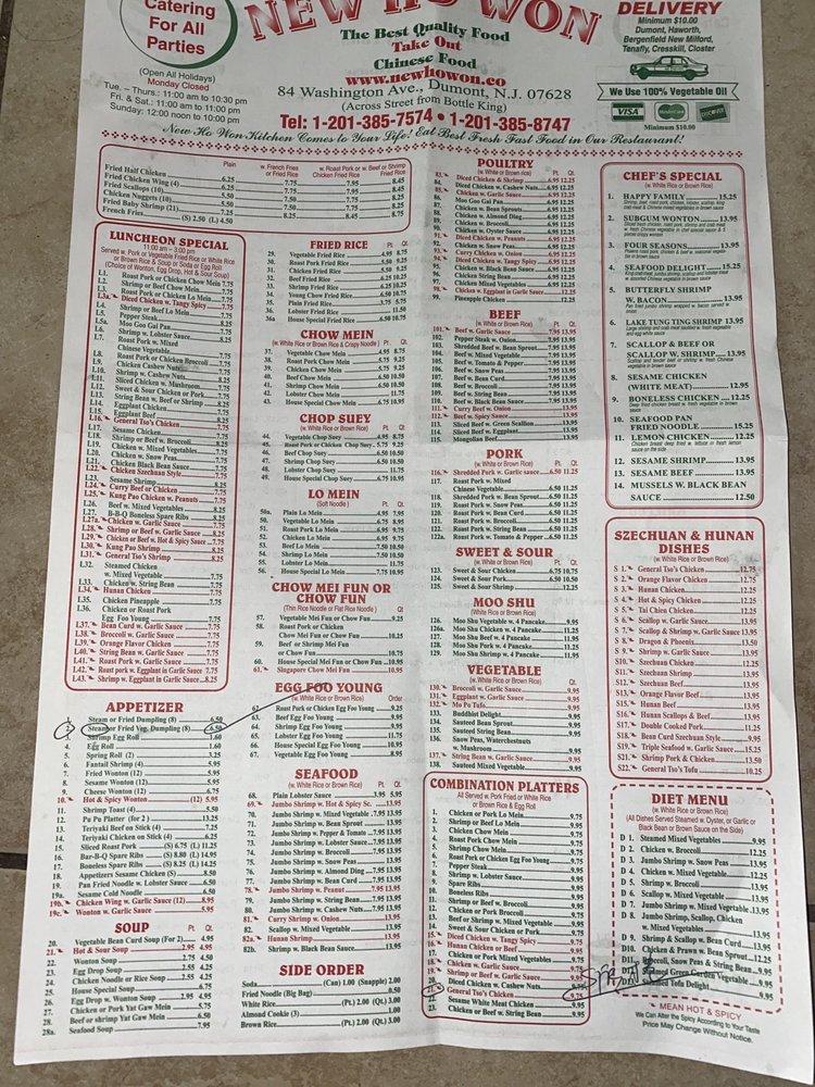 Menu at New Ho Won restaurant, Dumont