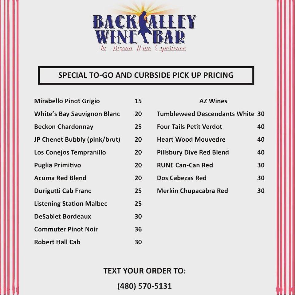 Menu at Back Alley Wine Bar, Prescott, in the Back Alley