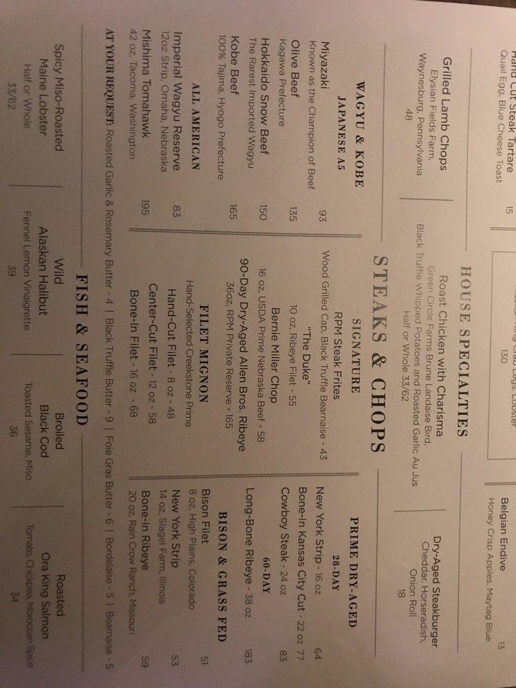 Menu at RPM Steak pub & bar, Chicago